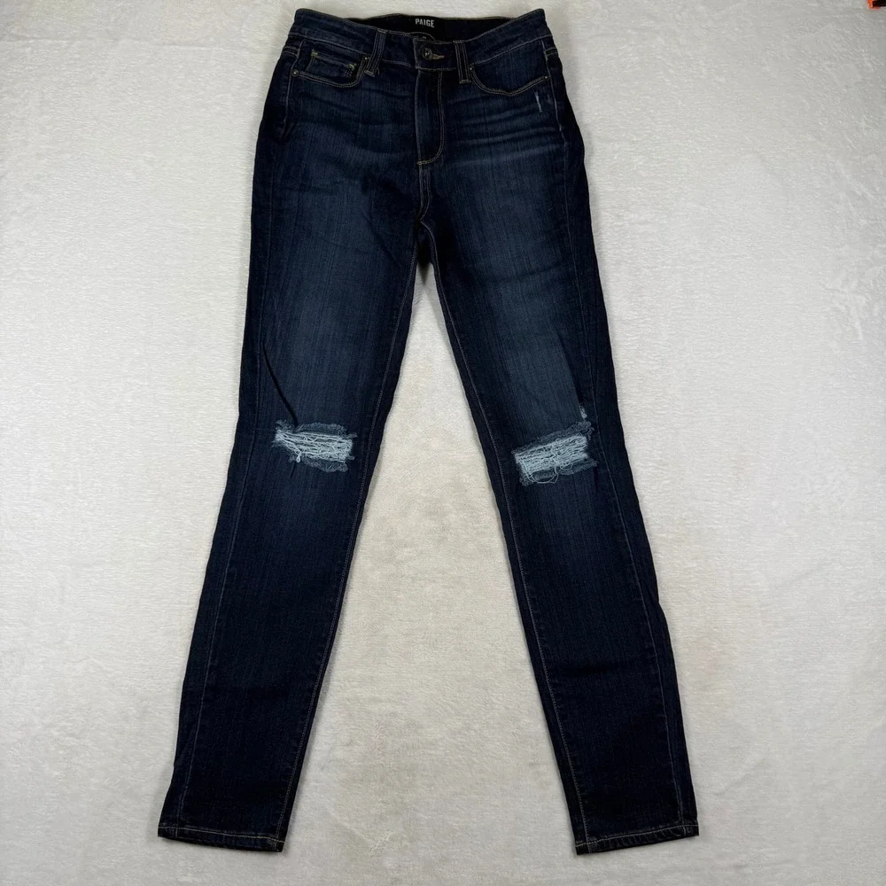 Paige Hoxton Ankle High Rise Skinny Distressed Jeans Dark Indigo Size 26 USA